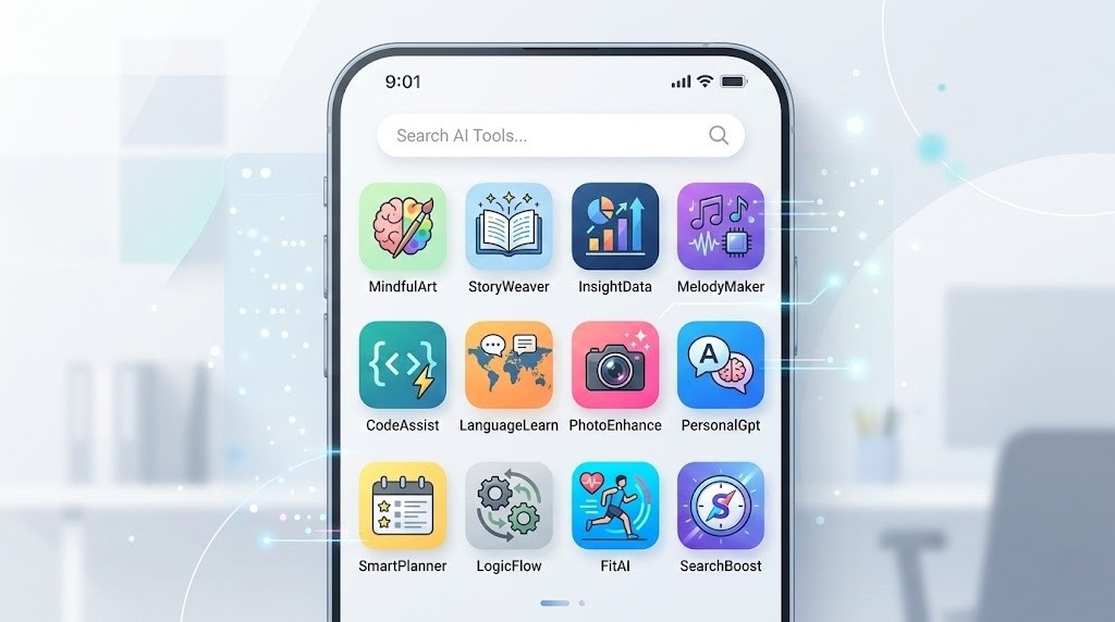 スマートフォン画面に並ぶAIツールのアイコン