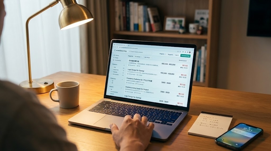 自宅デスクでクラウドソーシングの案件一覧を閲覧する30代男性の手元