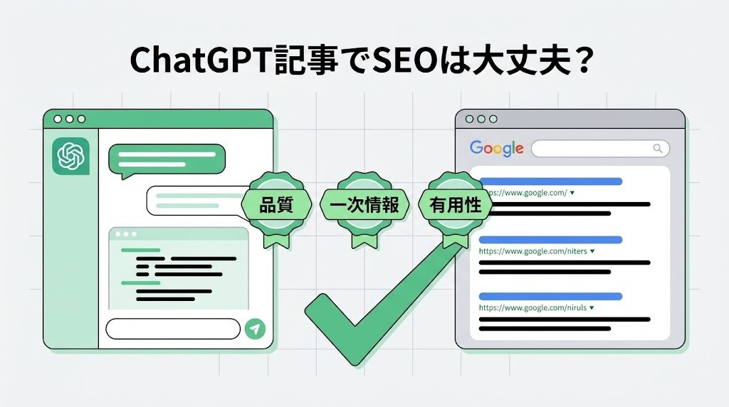 ChatGPTとGoogle検索を並べたSEO安全性の解説図