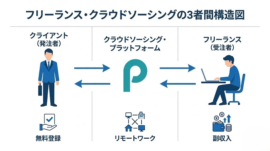 ランサーズのサービス概要インフォグラフィック：クライアント・プラットフォーム・ランサーの三者関係