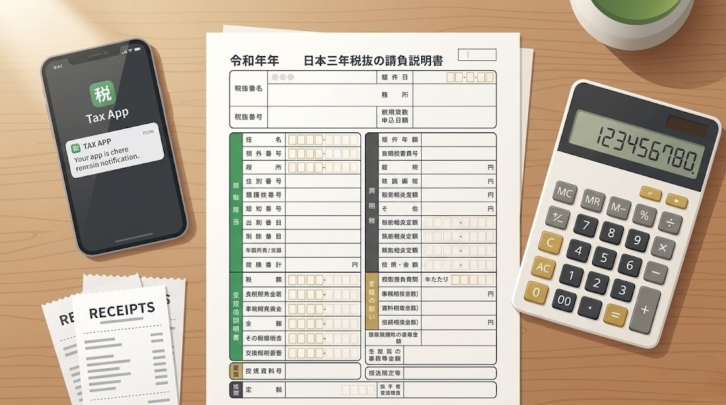 確定申告書類と電卓が置かれたデスクのイメージ：AI副業の確定申告準備