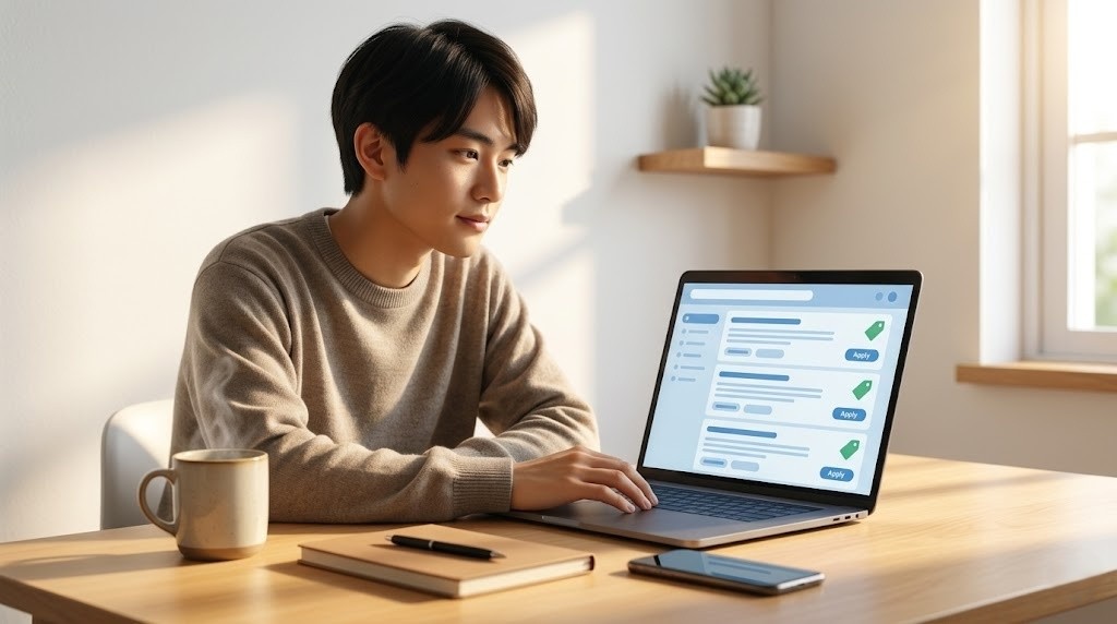 在宅デスクでクラウドワークスの案件一覧を眺めている人