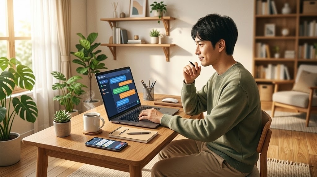 ノートPCでプロンプト販売の副業を始めるホームオフィスのイメージ