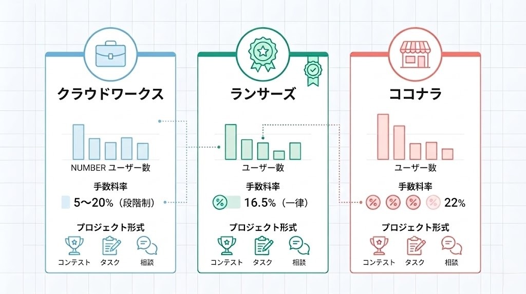クラウドワークス・ランサーズ・ココナラの3社比較インフォグラフィック