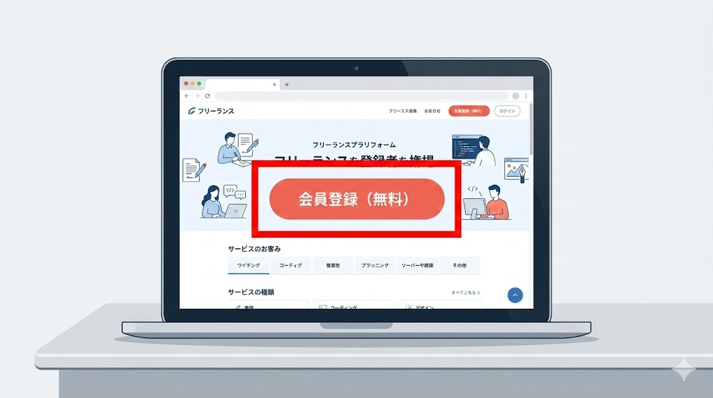 クラウドワークスの会員登録ページ|今すぐ会員登録するボタンを強調
