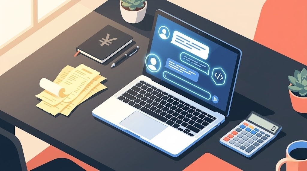 AIツールが表示されたノートパソコンと電卓・レシート：AI副業の経費と節税