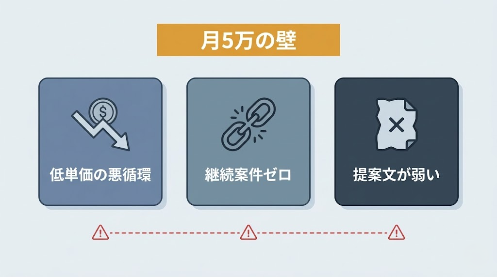 月5万の壁を阻む3つの根本原因の構造図