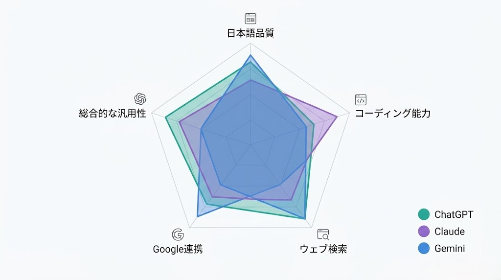 ChatGPT・Claude・Gemini機能別比較レーダーチャート