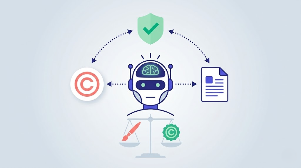著作権マークとAIロボットのインフォグラフィック：AI生成コンテンツの著作権