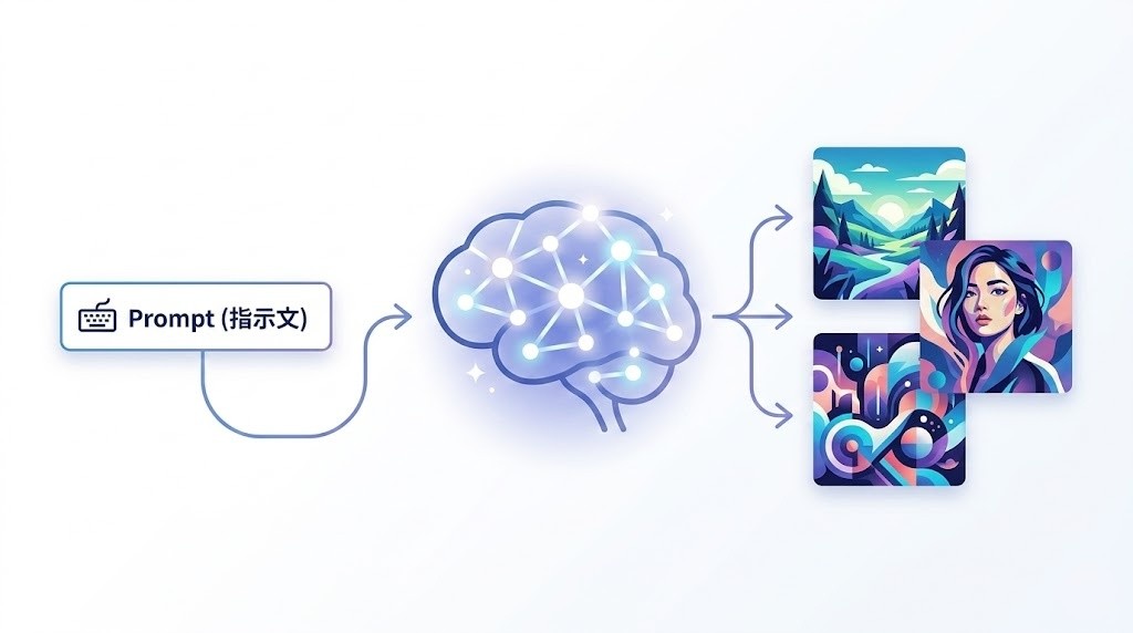 AI画像生成の仕組みを示す3段階フロー図