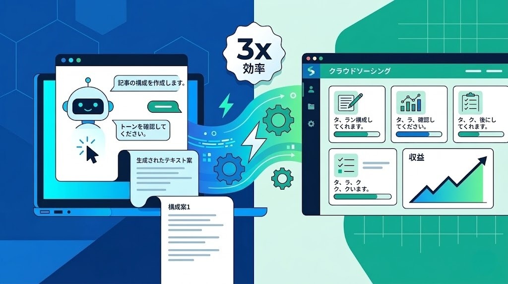 AI活用とクラウドソーシングの効率化を表すスプリットスクリーン