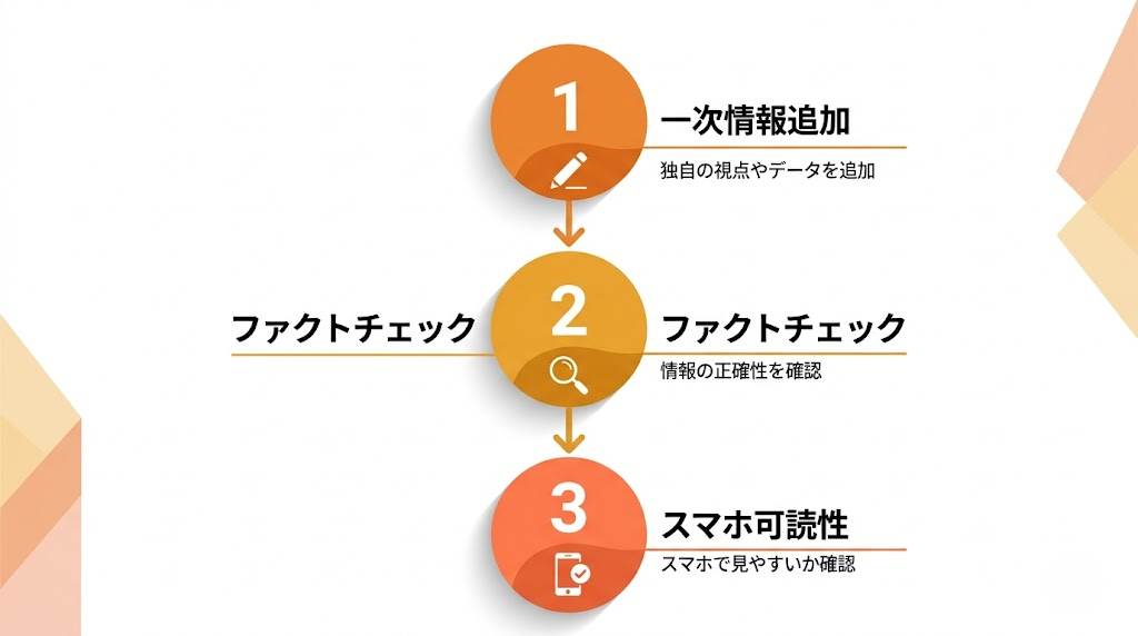 AI記事の品質チェック3ステップ（一次情報追加・ファクトチェック・スマホ可読性）