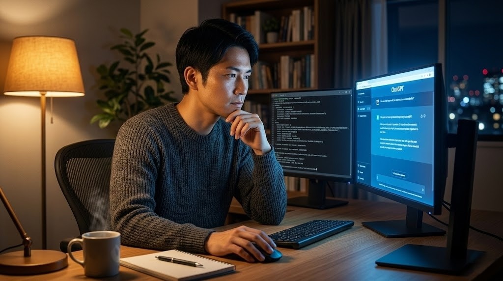 インフラエンジニアがデスクでChatGPTを使って副業作業をしているシーン