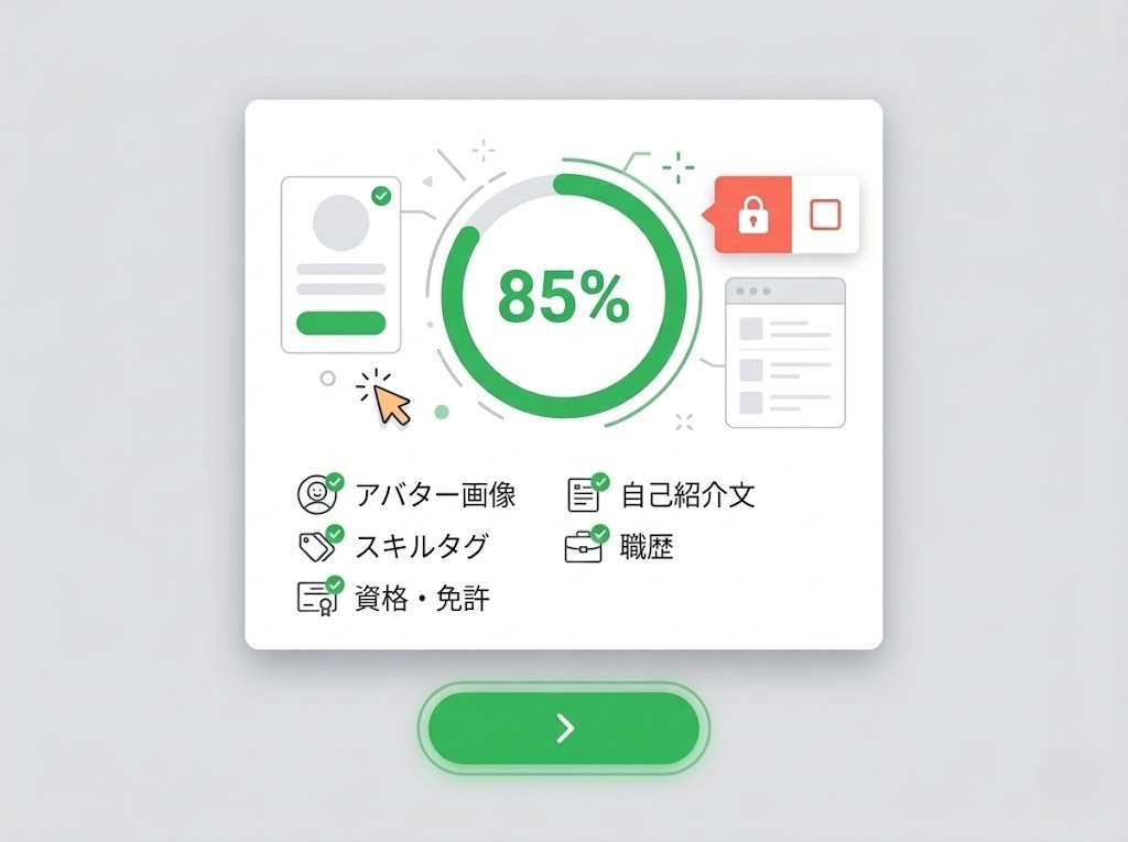 ランサーズのプロフィール完成度80%以上の画面イメージ：自己紹介・スキルタグ・資格欄が埋まった状態
