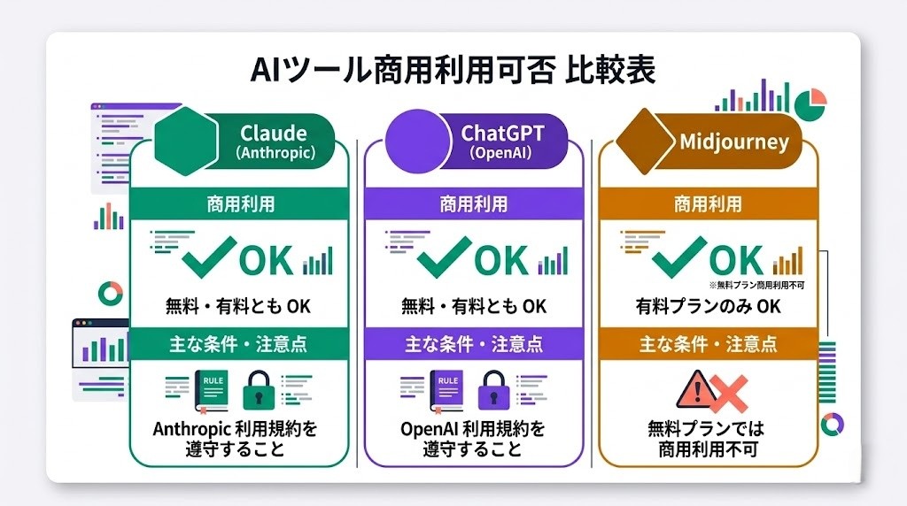 Claude・ChatGPT・Midjourneyの商用利用可否比較インフォグラフィック