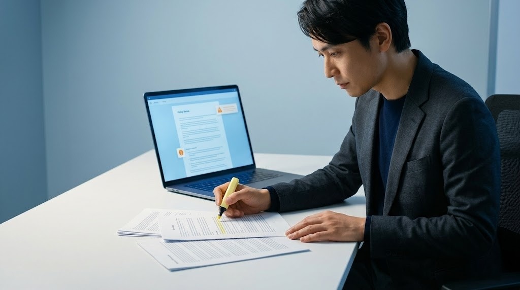 AIポリシーと著作権を確認している様子