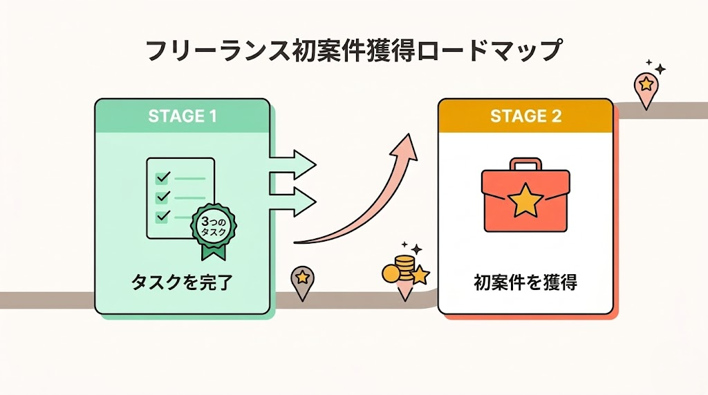ランサーズ初受注ロードマップ：実績ゼロ→タスク3件→プロジェクト応募→初受注のステップアップ図