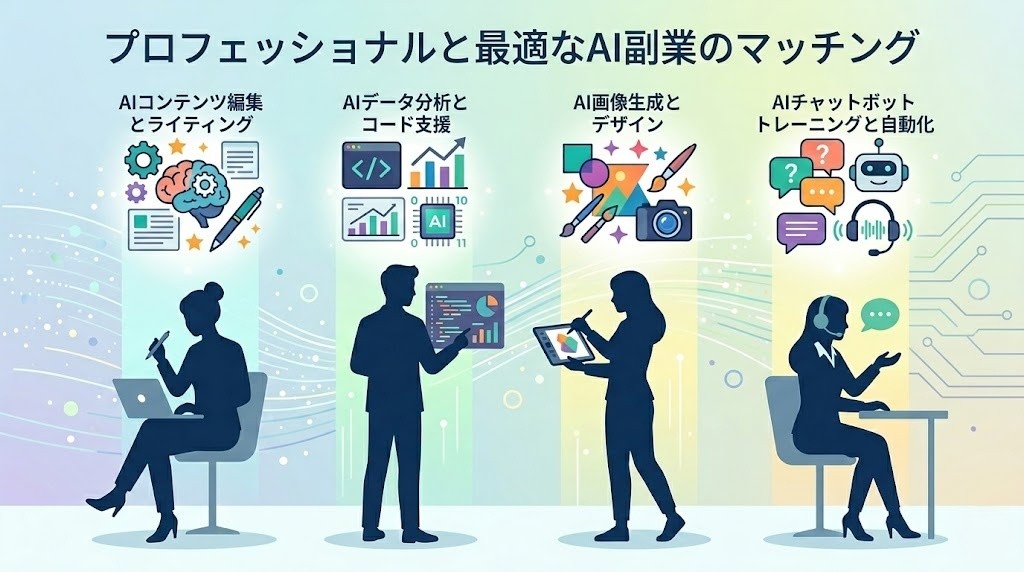 異なる職種の人物とAI副業ジャンルのマッチングイメージ