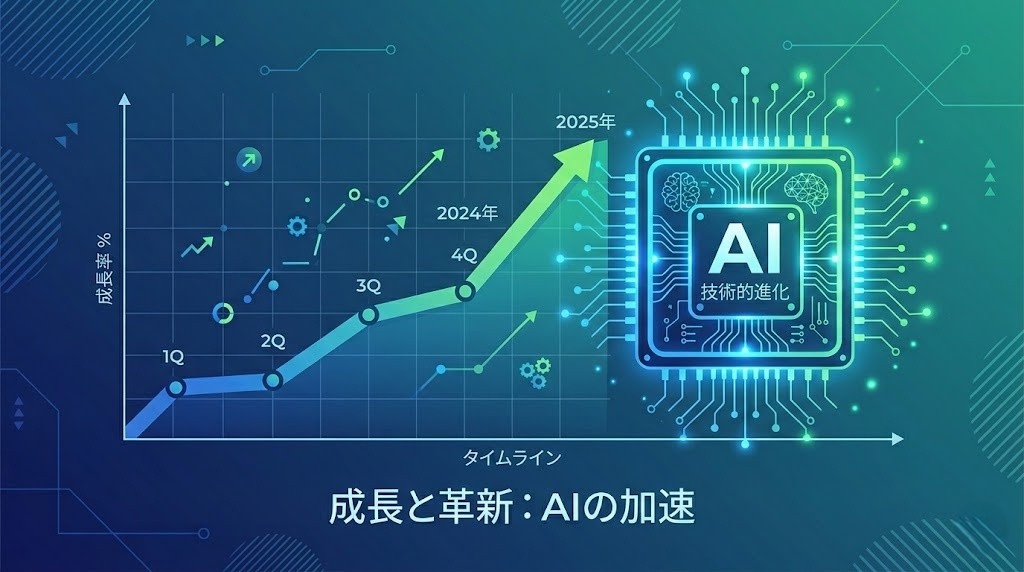 生成AI市場の成長グラフとAIチップ