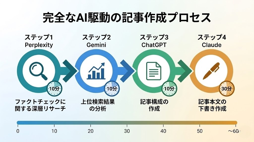 Perplexityリサーチ→Gemini競合分析→ChatGPT構成案→Claude執筆の4ステップワークフロー図