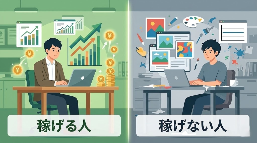 AI画像生成副業で稼げる人と稼げない人の比較イラスト