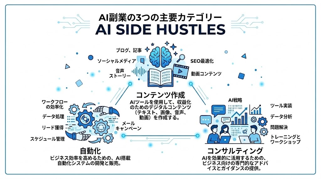 AI副業3タイプの分類図：コンテンツ制作・自動化・コンサル