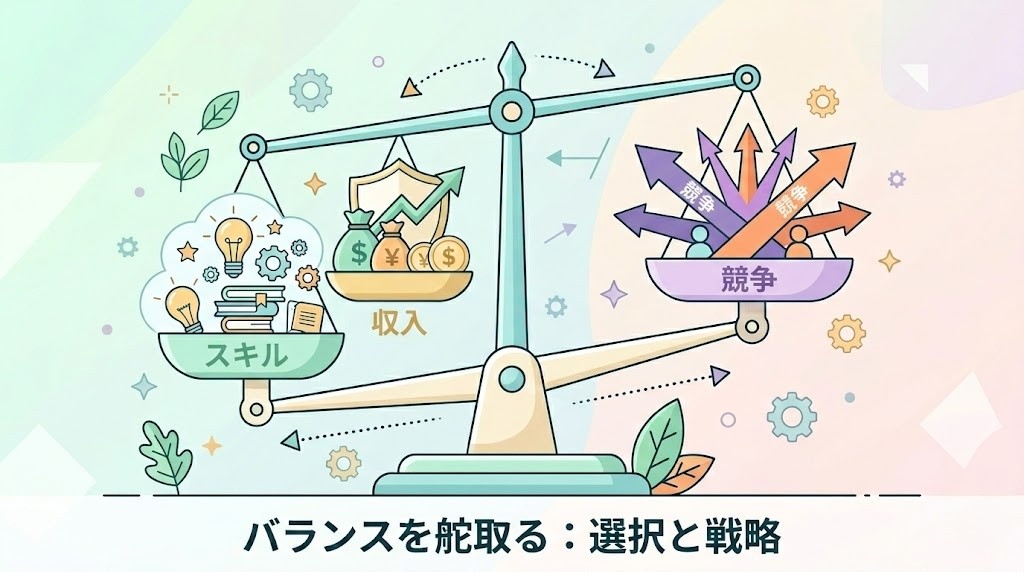 スキル・収入・競合のバランスを表す天秤のイラスト