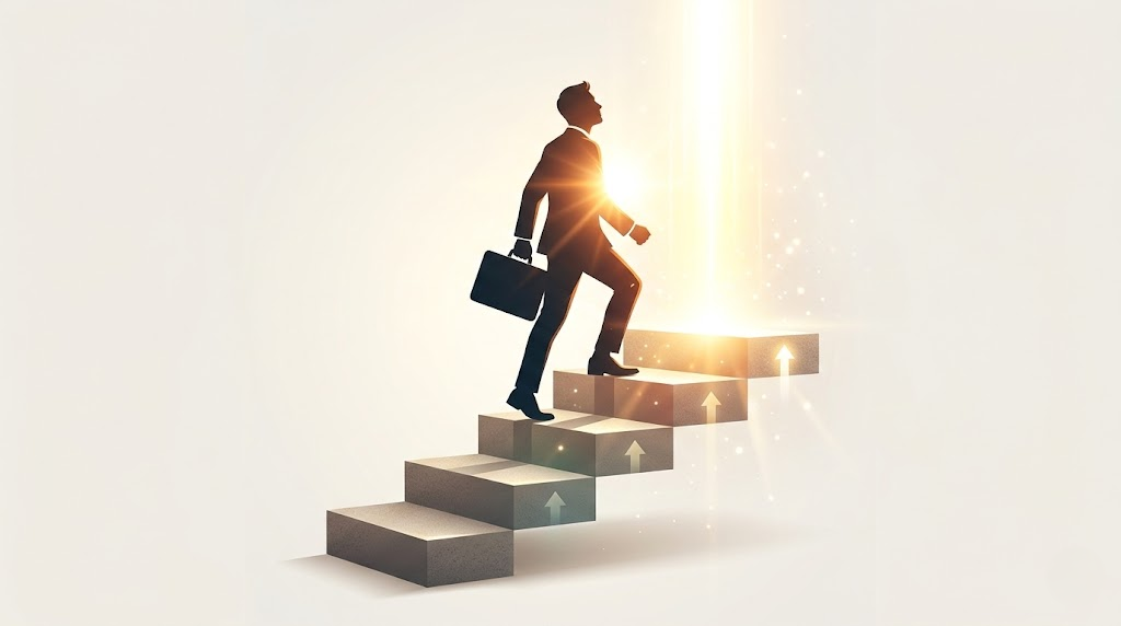 階段を登るビジネスパーソンのステップアップイメージ