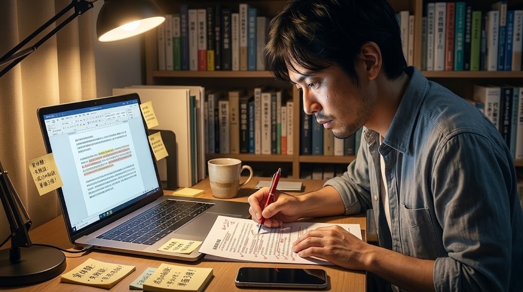 エンジニアが自宅デスクでAI出力を赤ペンで校正しながら一次情報を追記している作業風景