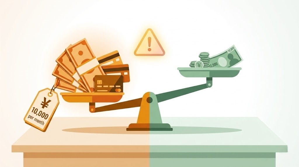 高額ツールの月額課金と副業初期の収入のギャップを示す天秤イラスト