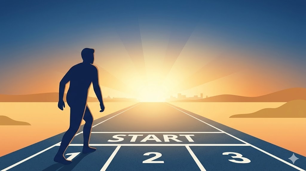 スタートラインに立つ人物のシルエットと差し込む光