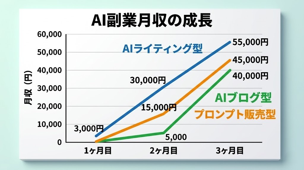 AI副業3ヶ月間の月収変化グラフ：ライティング型・ブログ型・プロンプト販売型の収益推移
