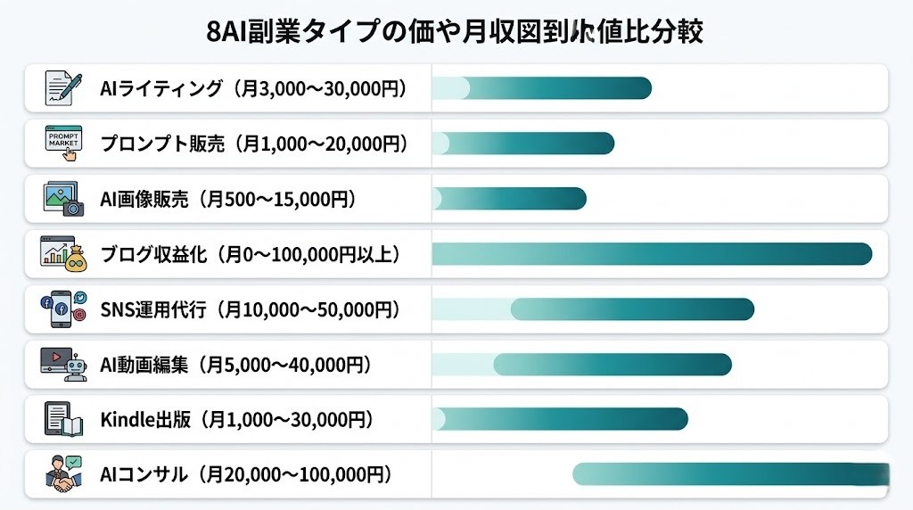 AI副業8種の月収比較インフォグラフィック