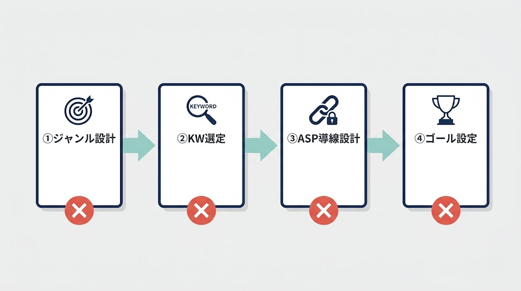 設計ミス診断フロー図(ジャンル→KW→ASP導線→ゴール設定の4段階チェックリスト形式)