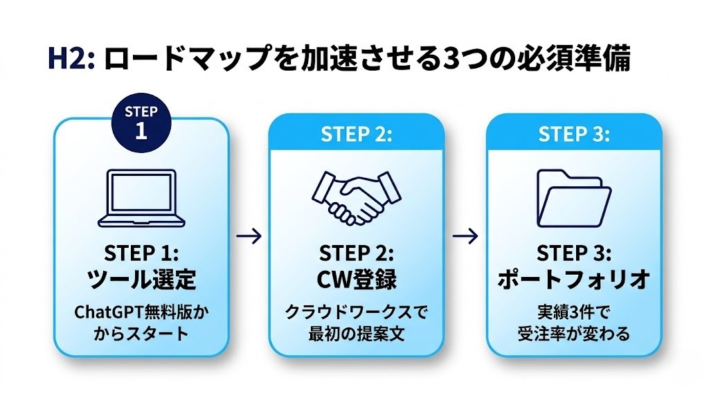 AI副業ロードマップ必須準備3ステップ：ツール選定・クラウドワークス登録・ポートフォリオ