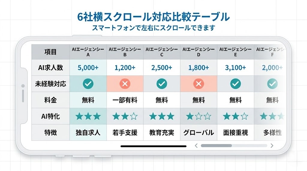 AI転職エージェント6社 横スクロール対応比較テーブル