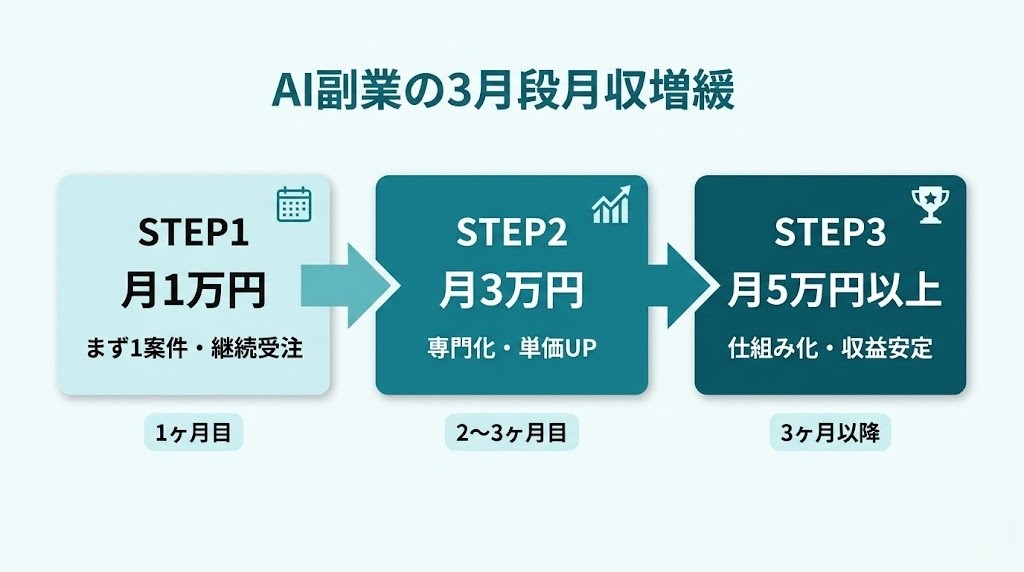 AI副業月収アップ3ステップ：月1万→月3万→月5万以上のロードマップ