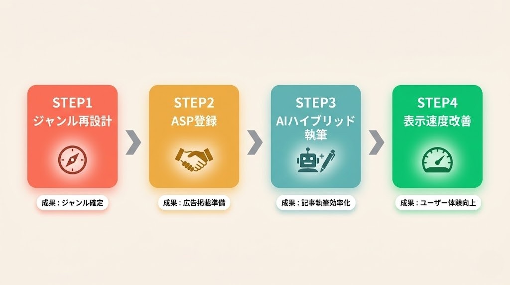 ブログ改善4ステップロードマップ(ジャンル再設計→ASP登録→AIハイブリッド執筆→表示速度改善)