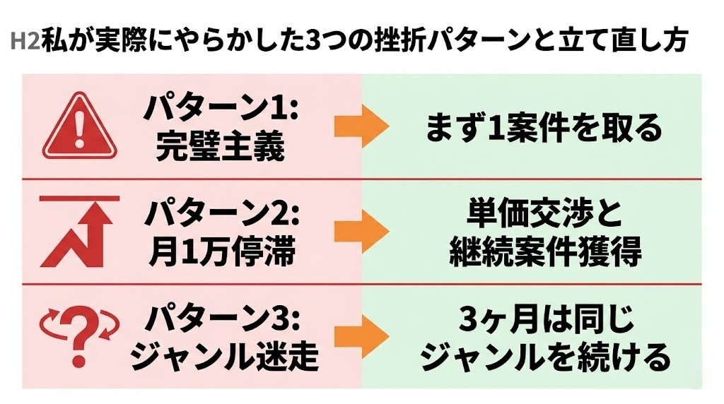 AI副業挫折3パターンと立て直し策：完璧主義・月1万停滞・ジャンル迷走