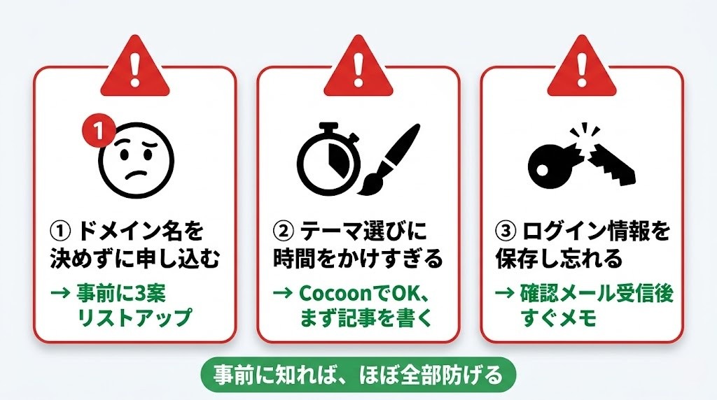 WordPress開設でよくある失敗3つと対処法のインフォグラフィック