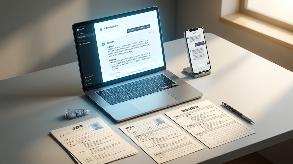 ChatGPT画面と履歴書・職務経歴書のデスクシーン