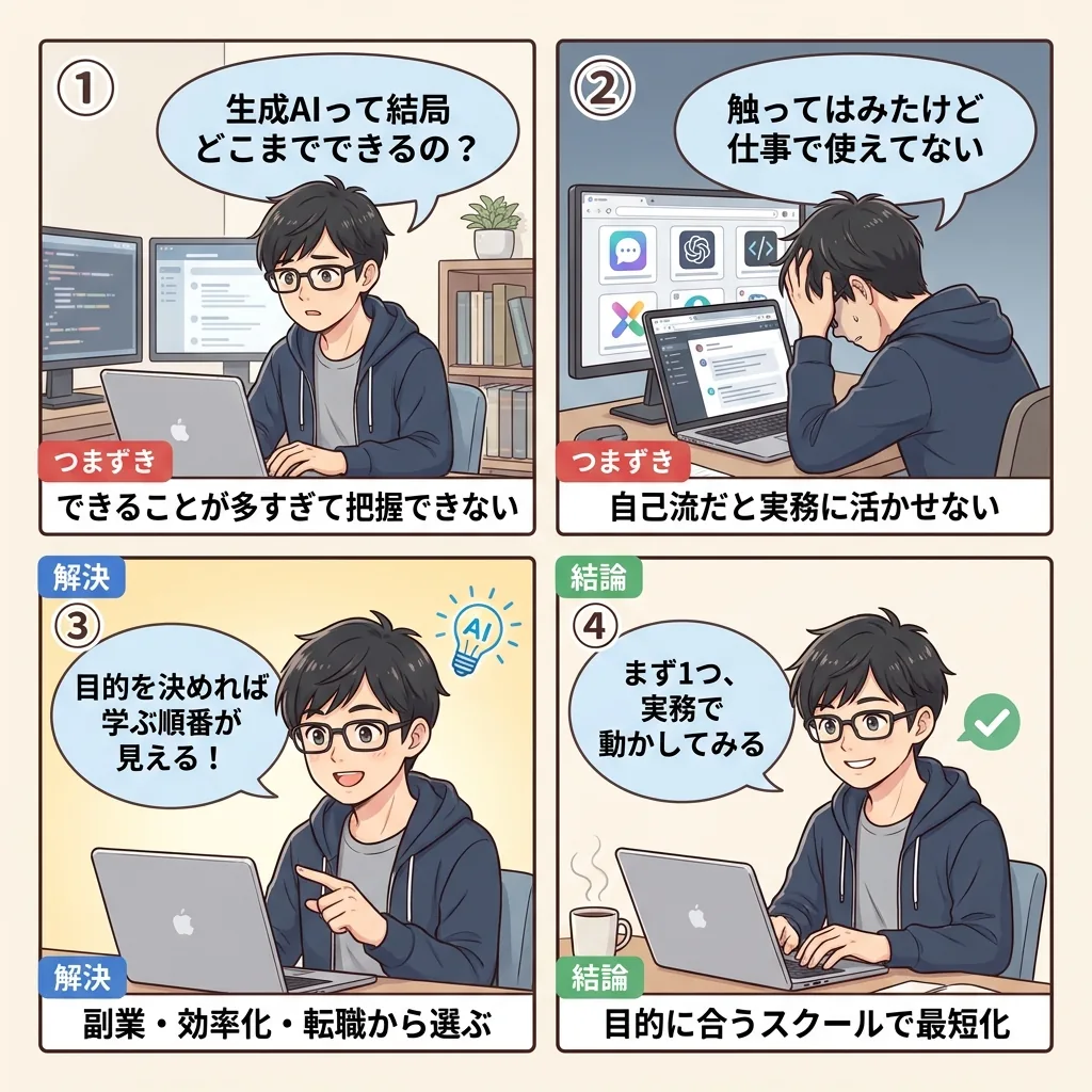 生成AIで何ができるか迷うおいす君が、目的を決めれば学ぶ順番が見えると気づいて実務で使い始める4コマ漫画