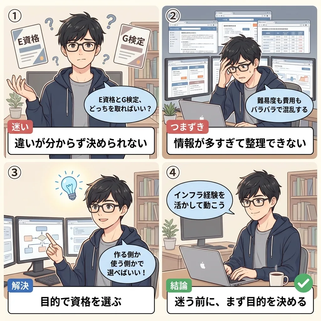 E資格とG検定のどちらを取るか迷うおいす君が、作る側か使う側かで選べばよいと気づいて動き出す4コマ漫画
