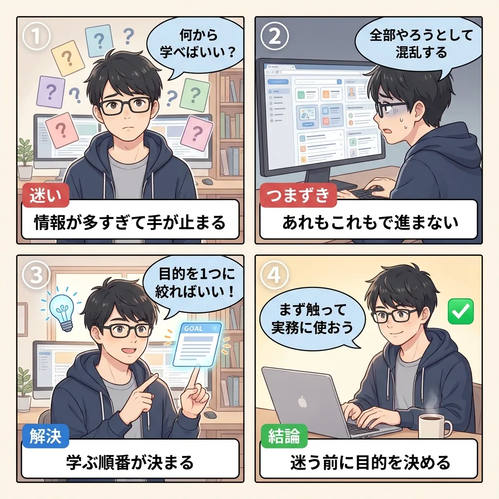 何から学べばいいか迷うおいす君が、目的を1つに絞れば学ぶ順番が決まると気づいて実務に使い始める4コマ漫画