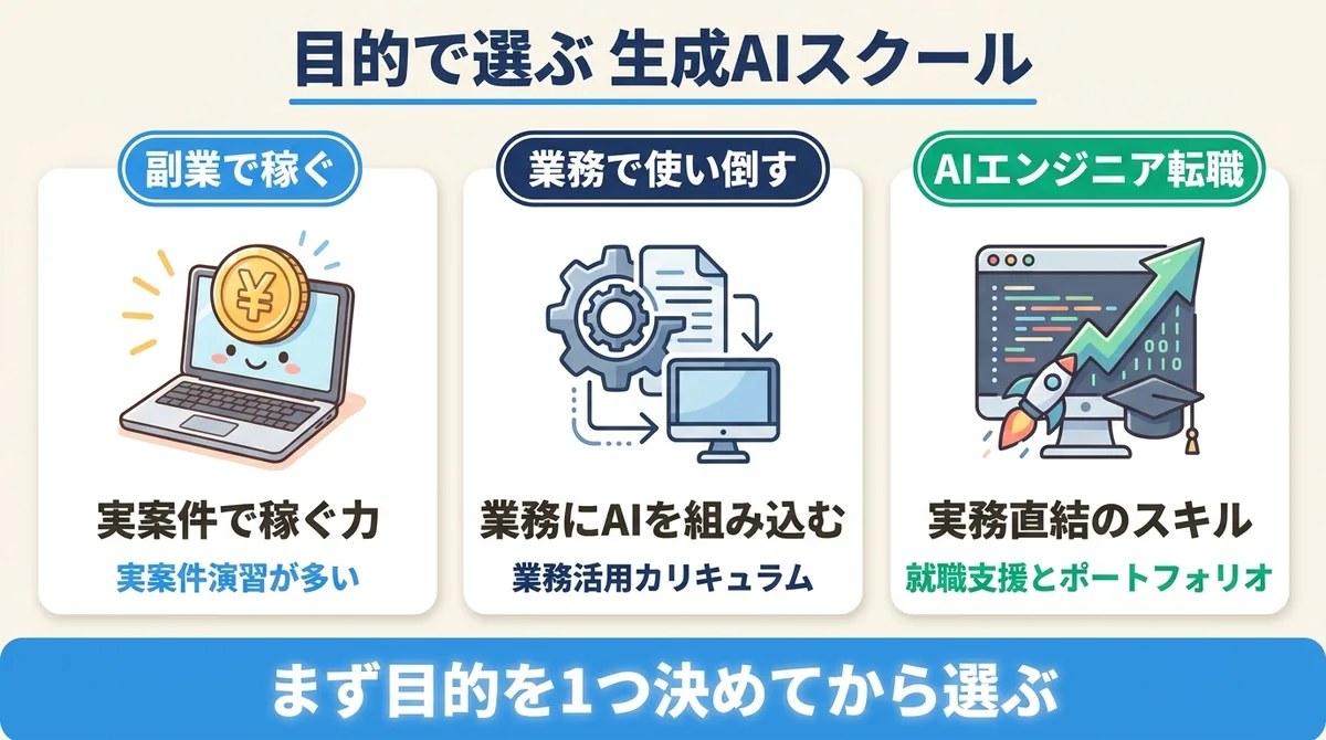 生成AIスクールを副業で稼ぐ・業務で使い倒す・AIエンジニア転職の3つの目的別に重視する軸で整理した選び方図解