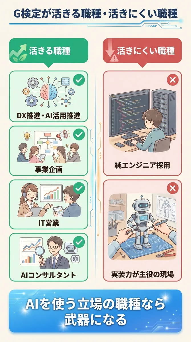 G検定が評価される職種（DX推進・事業企画・IT営業・AIコンサル）と評価されにくい職種（純エンジニア採用）を対比した図解