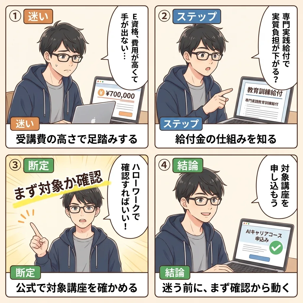 E資格の費用が高くて迷うおいす君が、専門実践給付で実質負担が下がると知り対象講座を確認して動き出す4コマ漫画