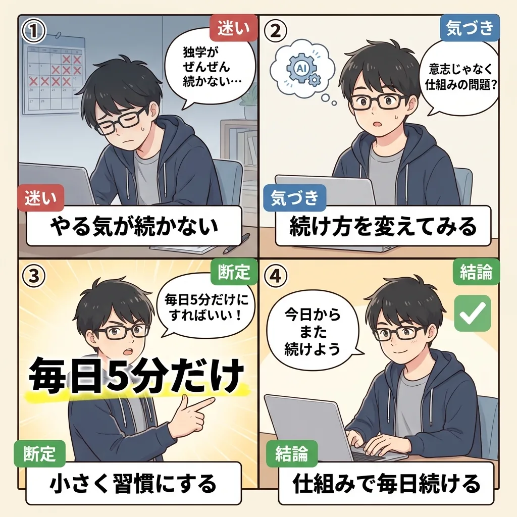 独学が続かず落ち込むおいす君が、続かないのは仕組みの問題だと気づき毎日5分の習慣に変えて再開する4コマ漫画