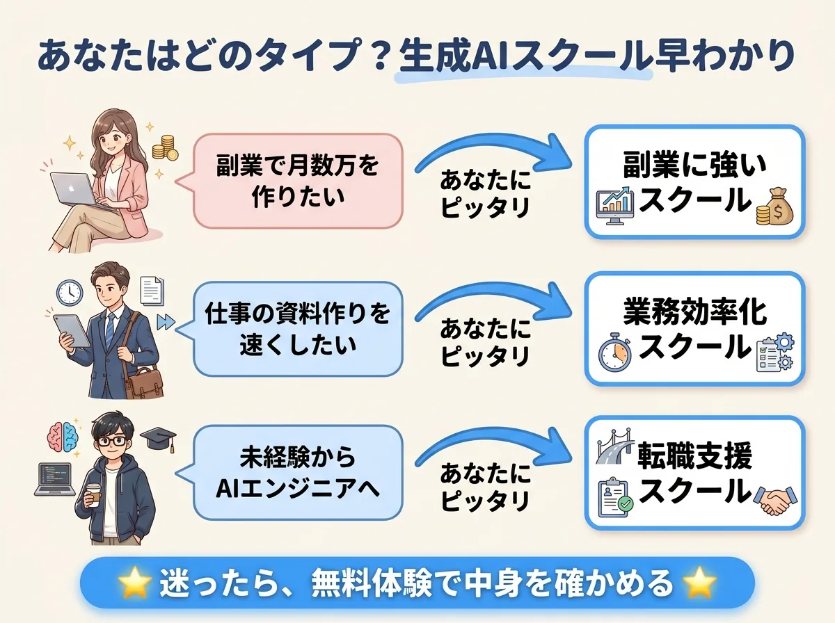 副業・業務効率化・AIエンジニア転職の3タイプの読者をおすすめ生成AIスクールにマッピングした選び方早わかり図