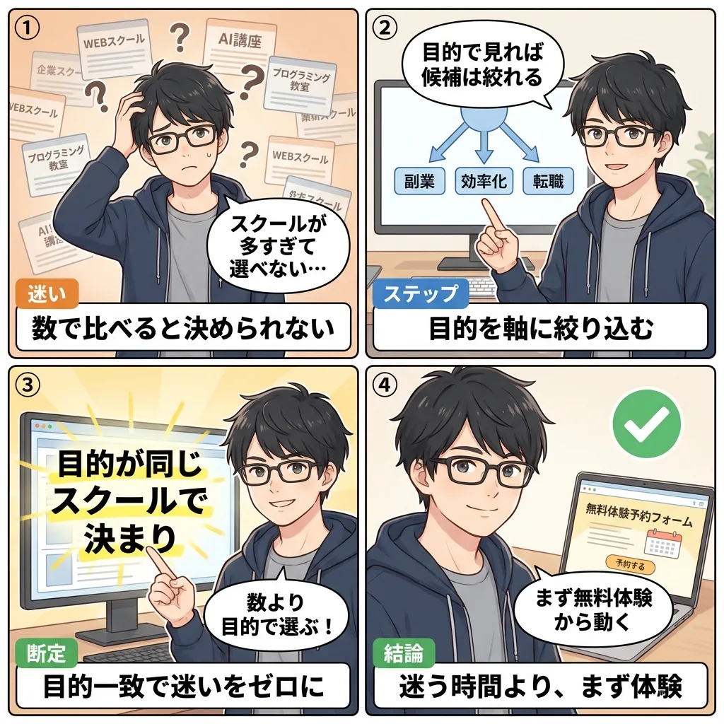 スクールが多すぎて迷うおいす君が、数ではなく目的で選ぶと判断軸を見つけ無料体験から動き出す4コマ漫画